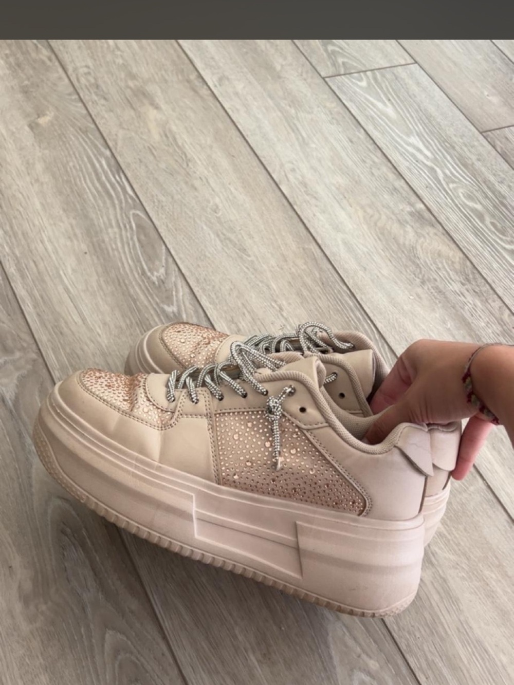 Chunky Platform Sneakers in Tan / Pale Pink with Silver Sparkle Accents